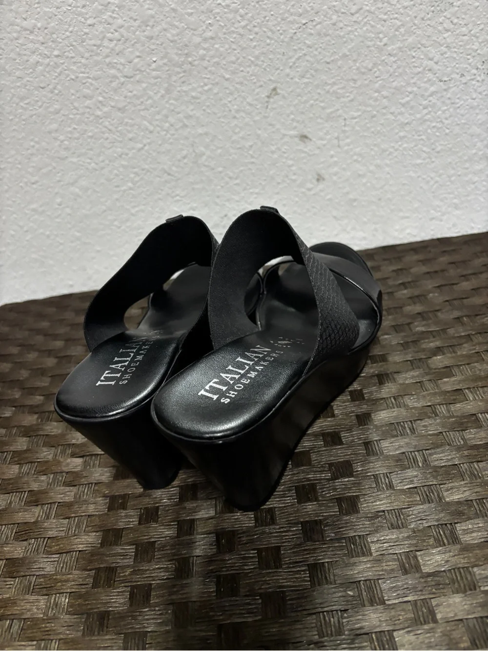 Italian Shoemakers Black Patent and Matte Platform Wedge Slides